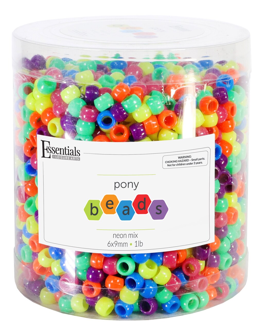 Essentials by Leisure Arts Pony Bead 6mm x 9mm Neon Mix Opaque Plastic Pony Beads Bulk 1lb for Arts, Crafts, Bracelet, Necklace, Jewelry Making, Earring, Hair Braiding